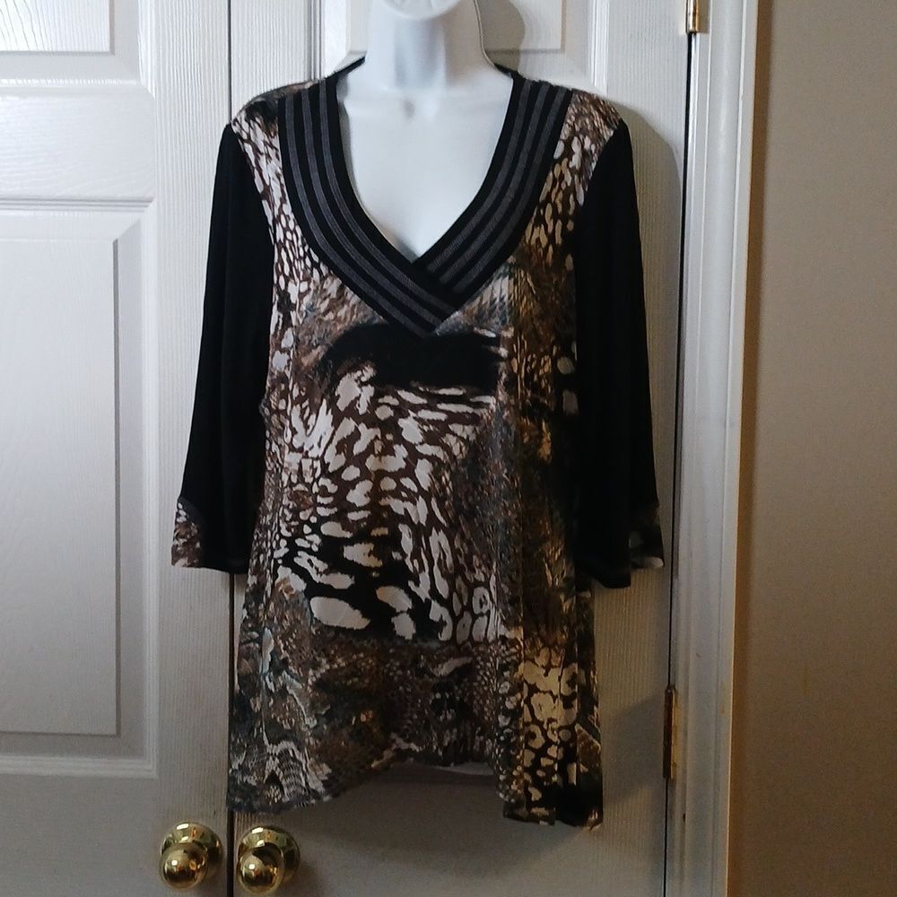 Libra multi print tunic black white tan  blouse Sz XL